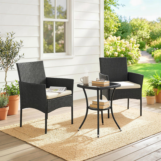 Riviera 3 Piece Rattan Bistro Set, PE Wicker Garden Furniture Conversation Set with 2 Tier Glass-Top Table