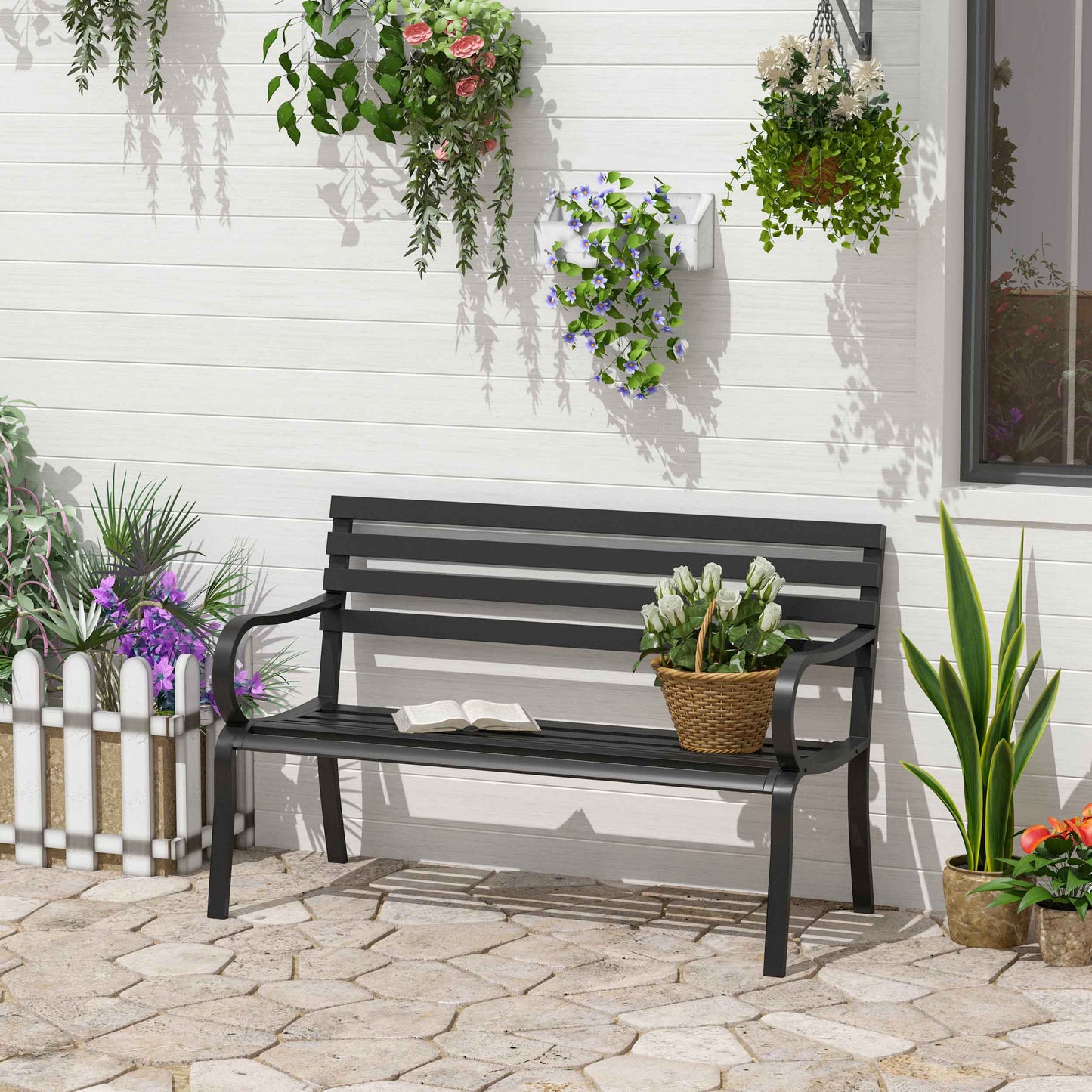 Ibiza Stylish 2 Seater Metal Garden Porch Chair Bench Stable Patio Outdoor Park Metal Bench - Black