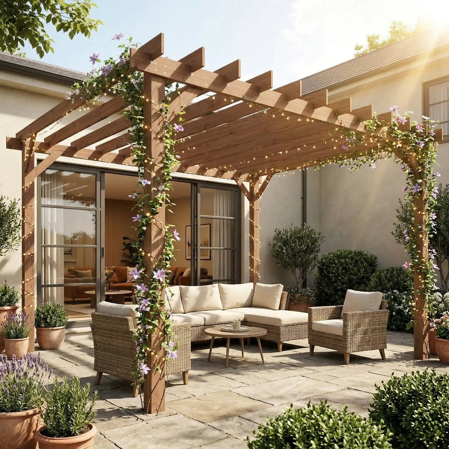 3.6m x 3m Wooden Pergola Kit - Maple Wood-Effect Garden Pergola with Grape Trellis Roof and Triangle Supports