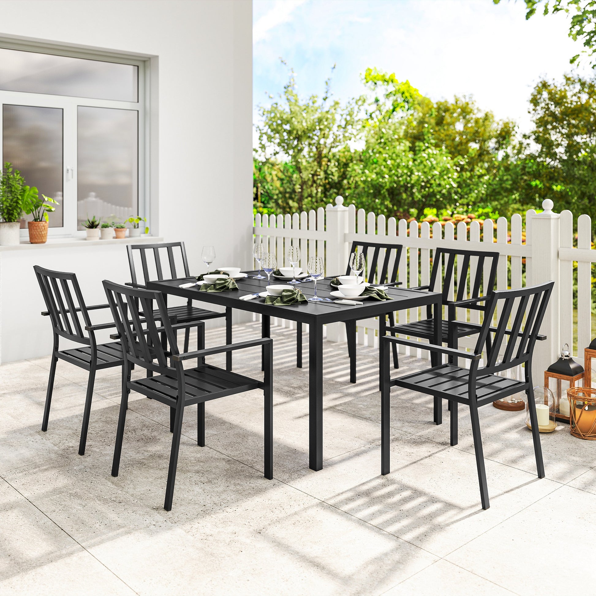 Marbella Seven-Piece Minimal Metal Garden Dining Set, with Parasol Hole - Black