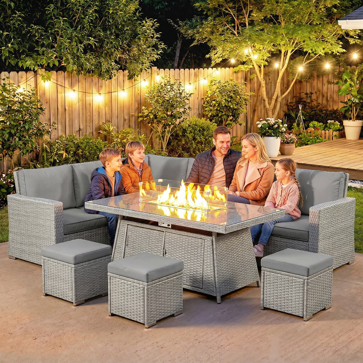 Outsunny Seven-Piece Firepit Table Rattan Sofa Set - Grey