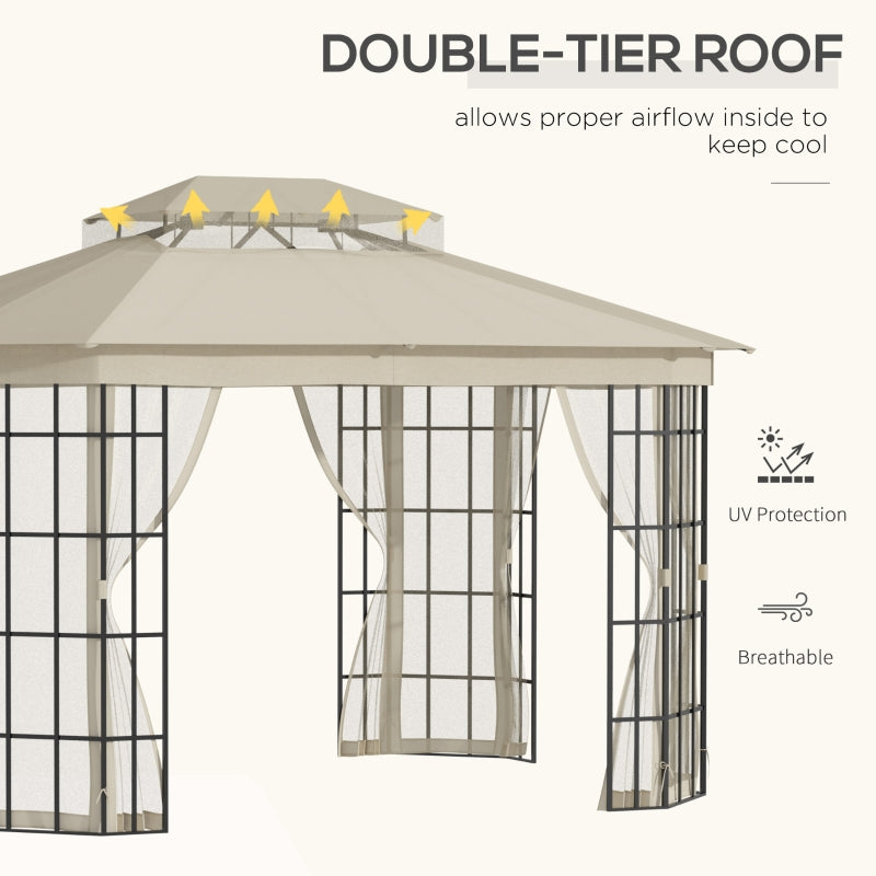 3.65m x 3m Round Hardtop Garden Gazebo with Mesh Netting & Double-Tier Roof