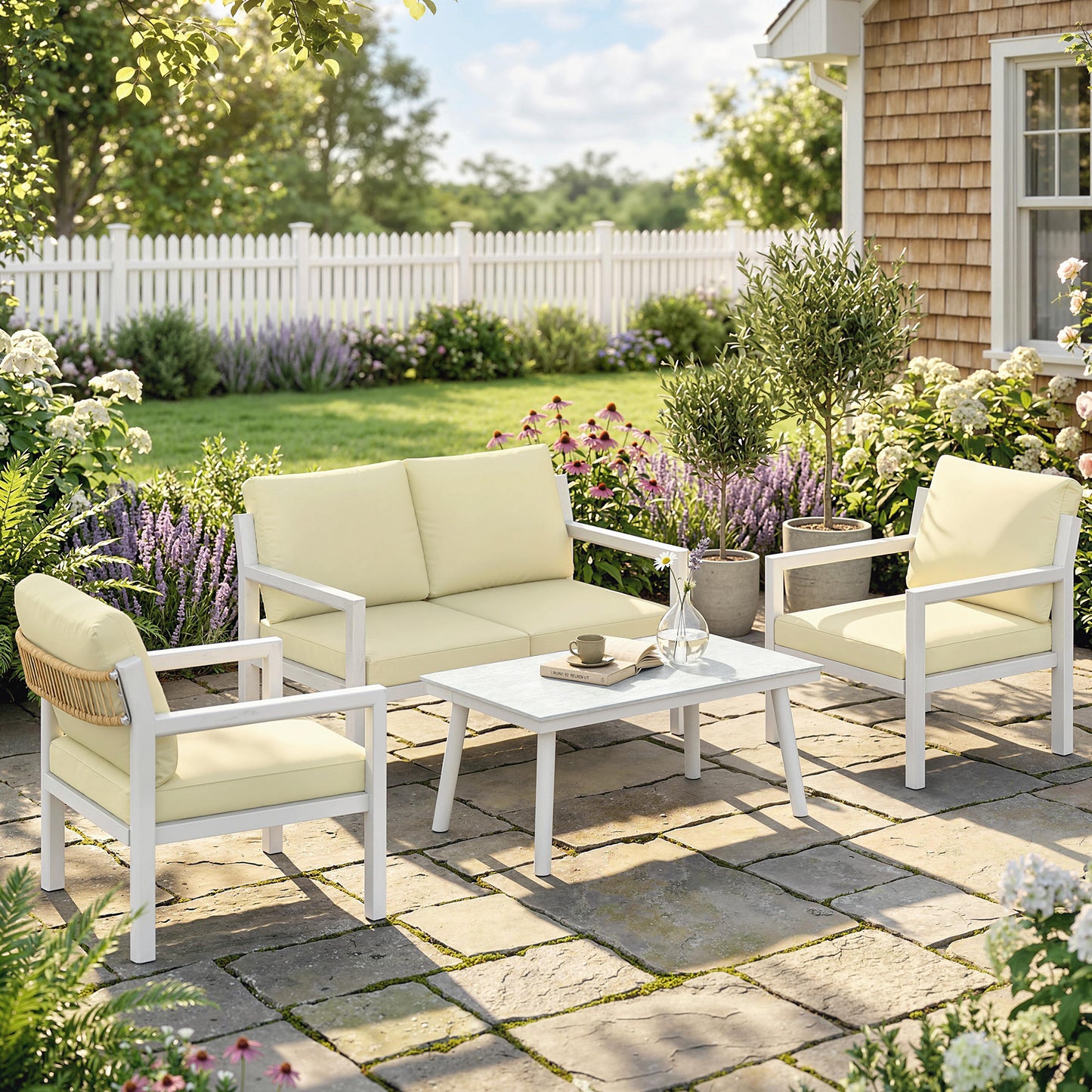 Monaco 4 Seater Rattan Garden Furniture Set with 2 Armchairs, Loveseat, Coffee Table
