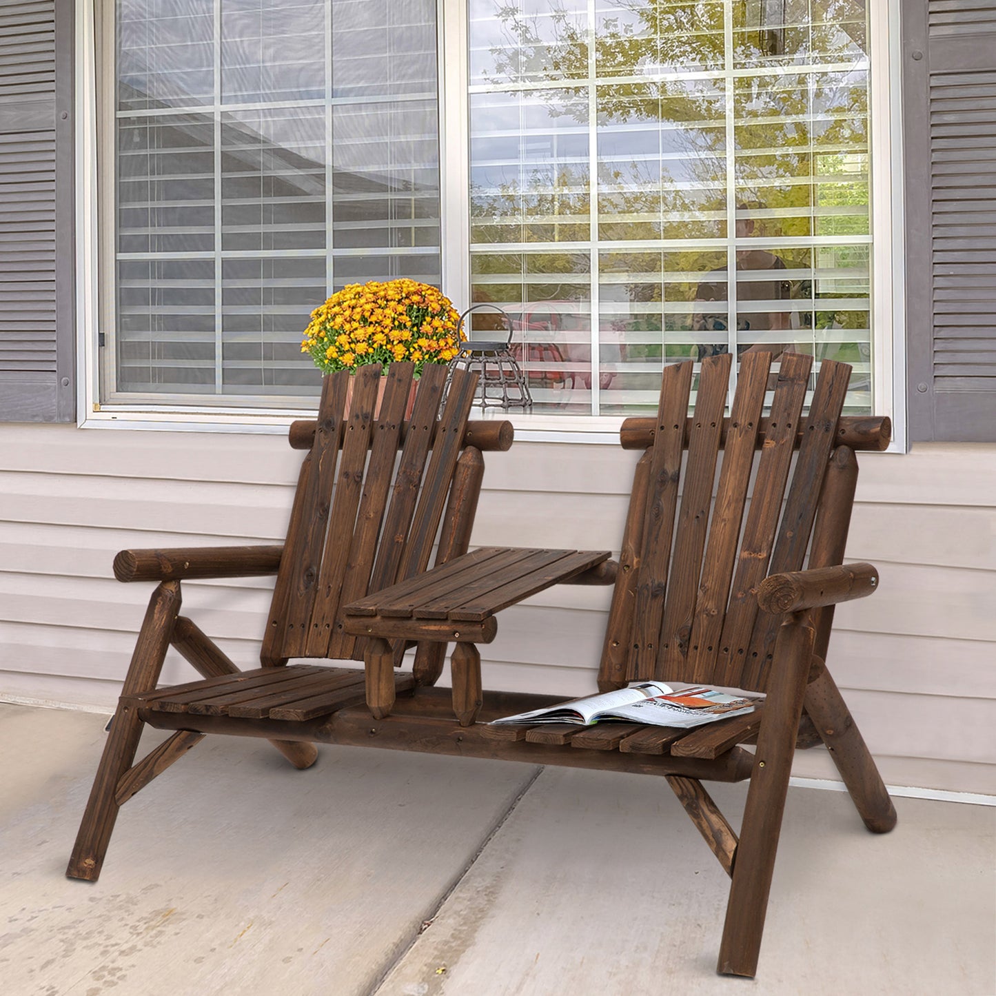 Marbella Wood Patio Chair Bench 2 Seats Jack and Jill Seat w/ Center Coffee Table, Garden Bench, Carbonized