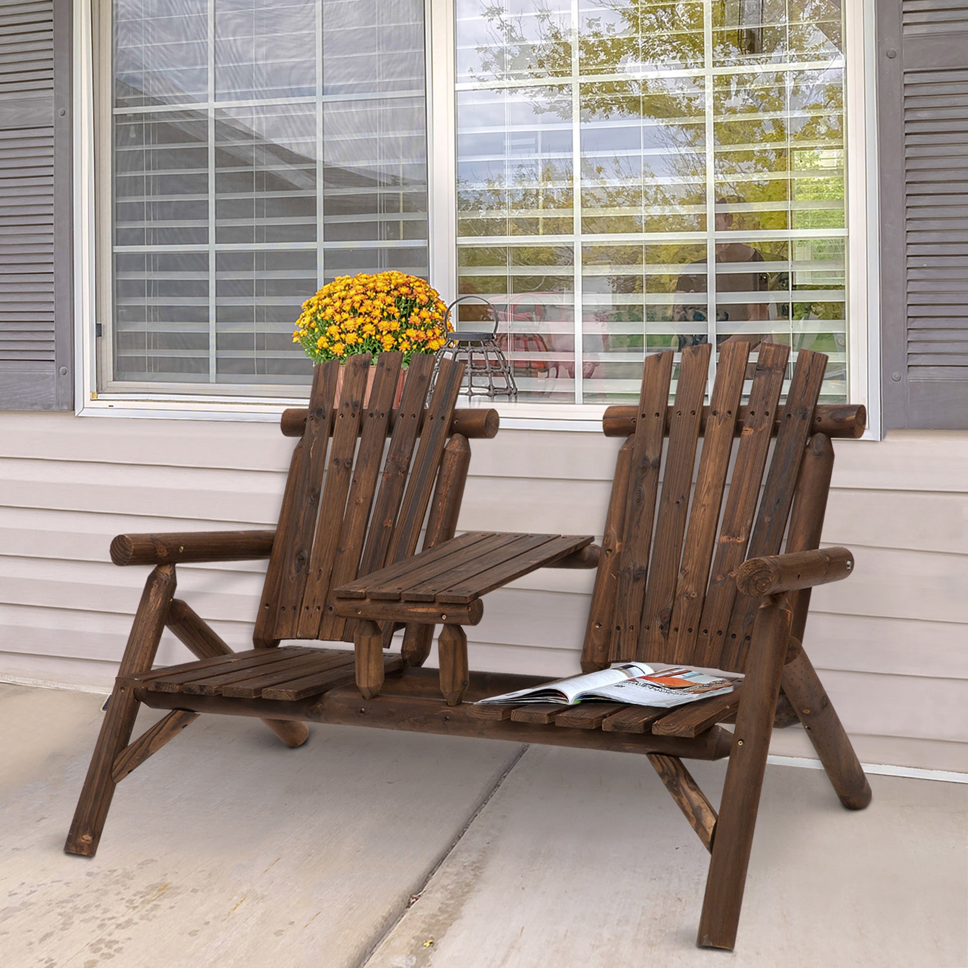 Marbella Wood Patio Chair Bench 2 Seats Jack and Jill Seat w/ Center Coffee Table, Garden Bench, Carbonized
