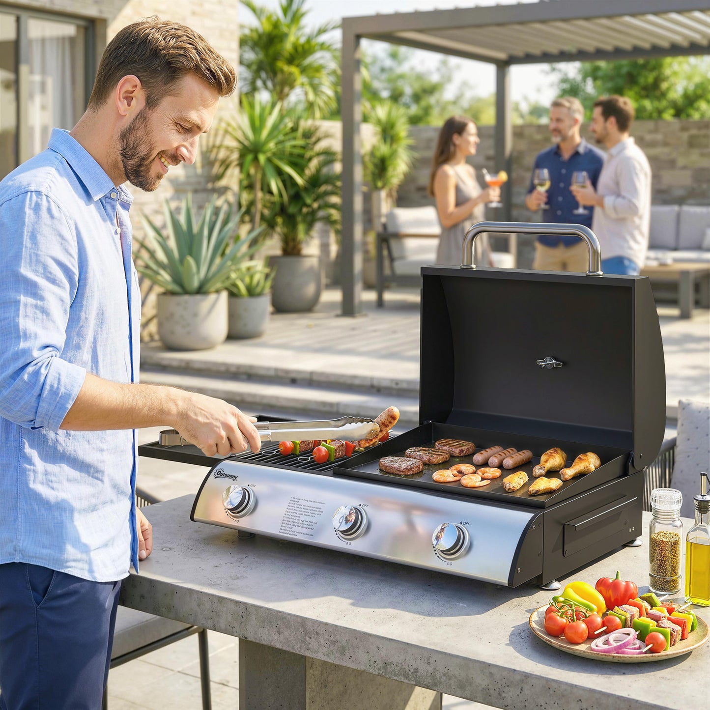 3 Burner Portable Gas Plancha BBQ, 7.5 kW Outdoor Tabletop Gas BBQ with Griddle, Thermometer