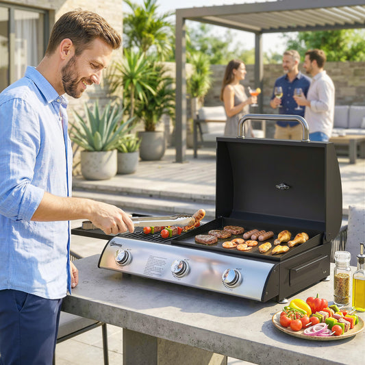 3 Burner Portable Gas Plancha BBQ, 7.5 kW Outdoor Tabletop Gas BBQ with Griddle, Thermometer