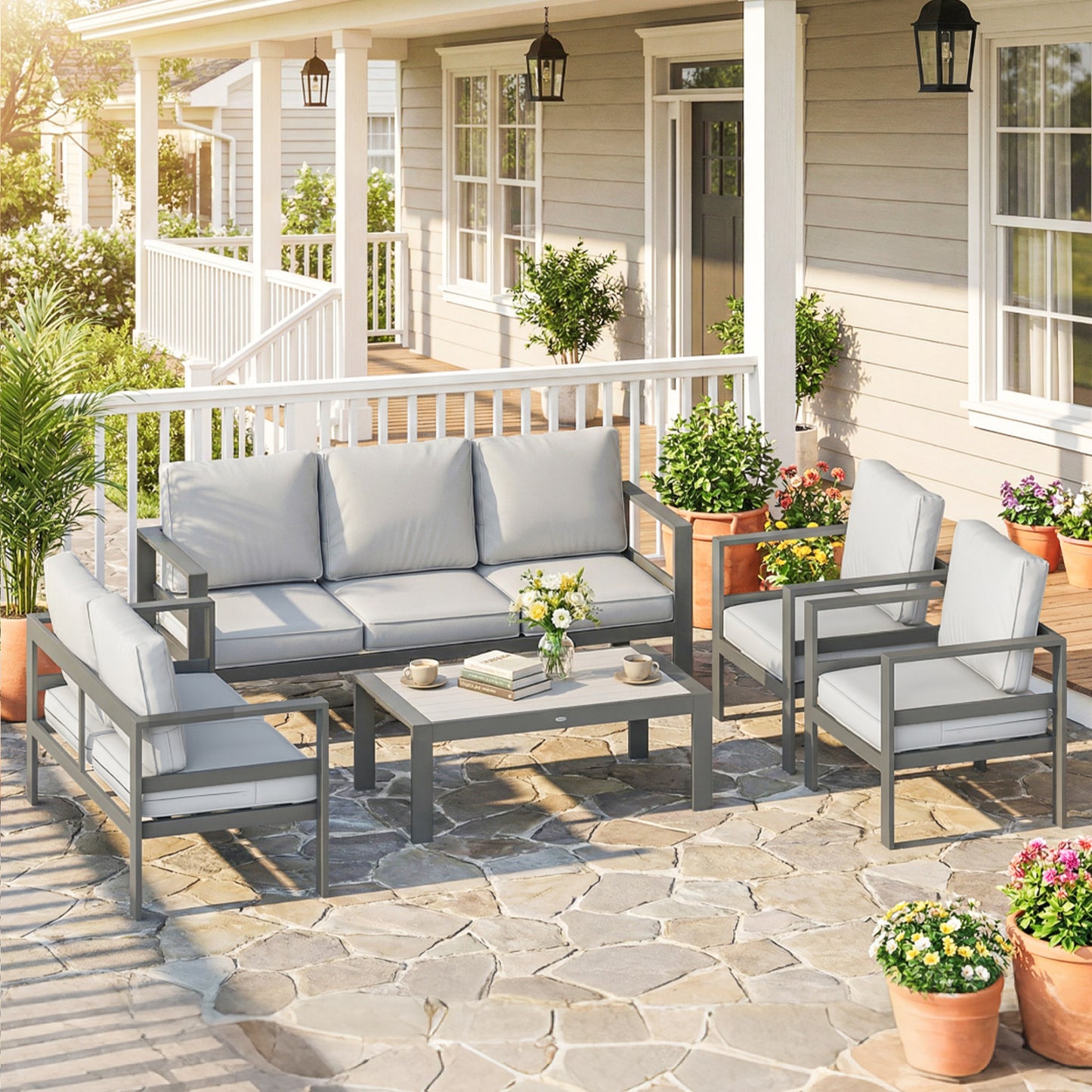 Marbella 5 Piece Aluminium Garden Furniture Set with Olefin Cushions, Extra Deep Garden Sofa Set, Dark Grey