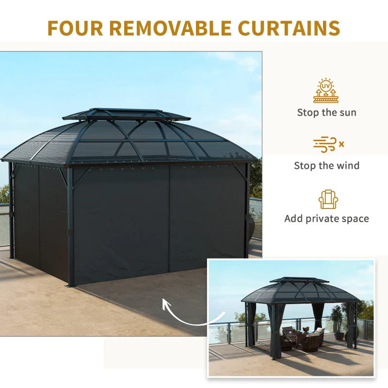 4m x 3m Aluminium Hardtop Gazebo with Polycarbonate Roof, Privacy Curtains & Mesh Sidewalls – Black & Grey