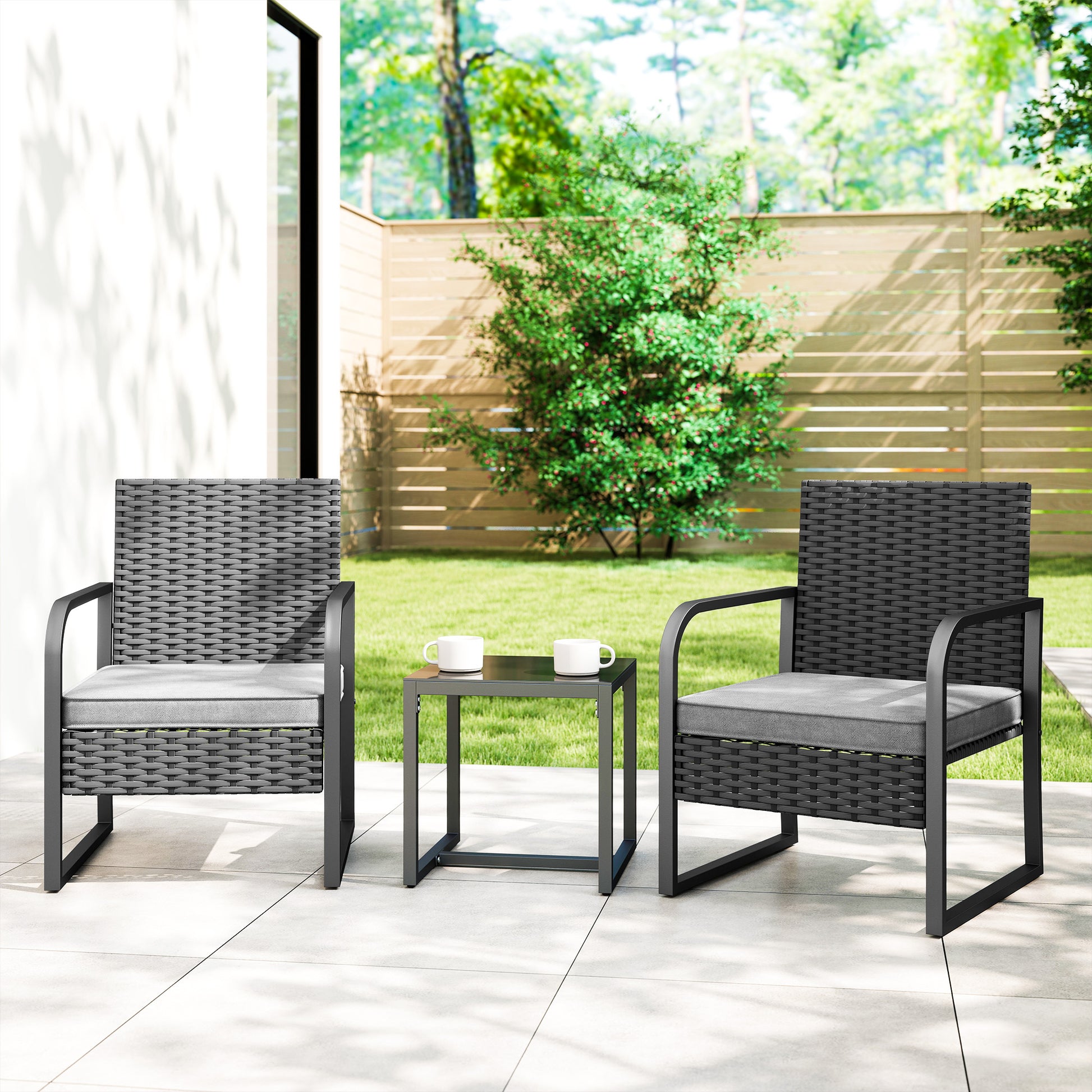 Ibiza Rattan Bistro Set, 3 Piece Garden Furniture Set with Cushions and Glass Top Table, Black
