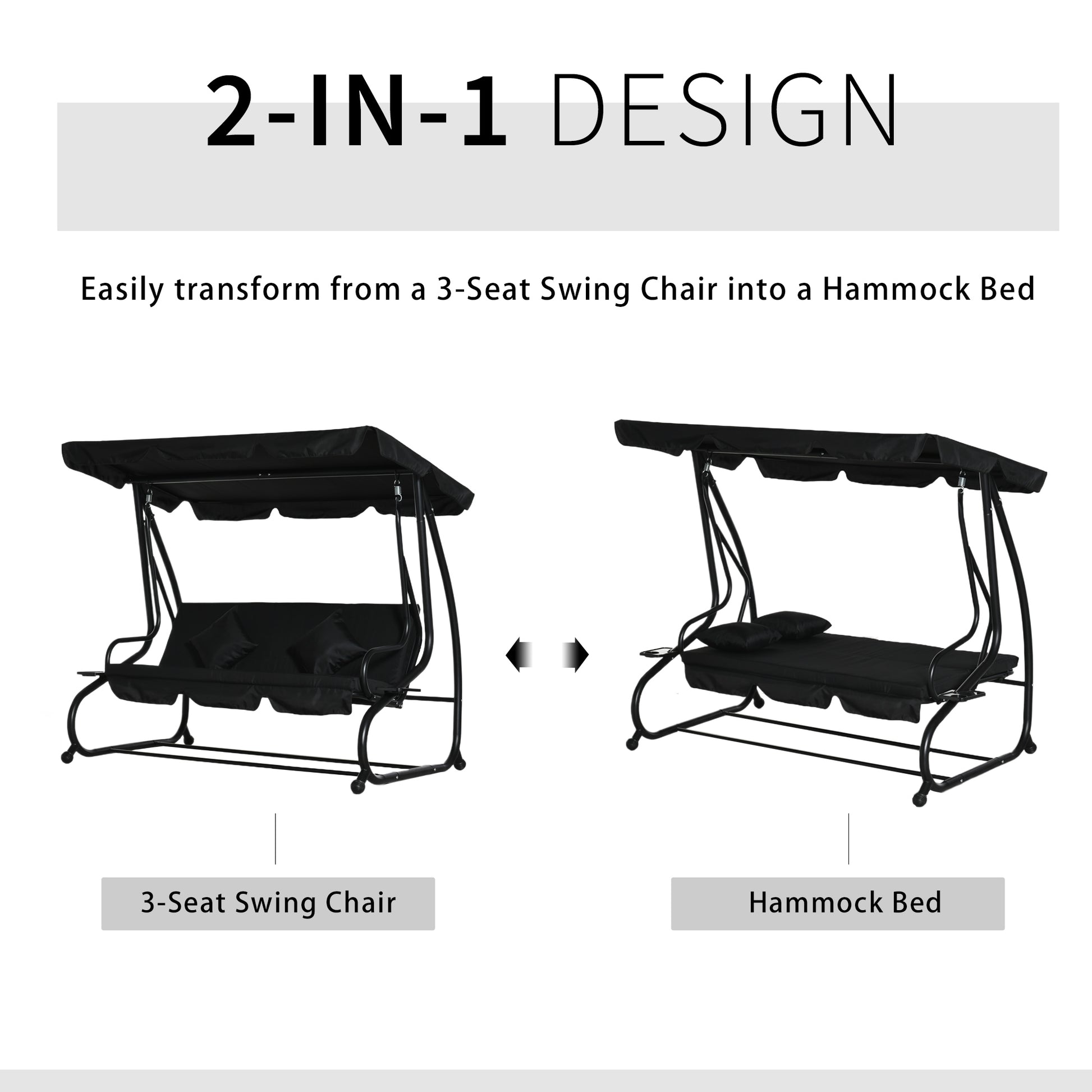 Outsunny Three-Person garden Swing Chair, with Adjustable Canopy - Black