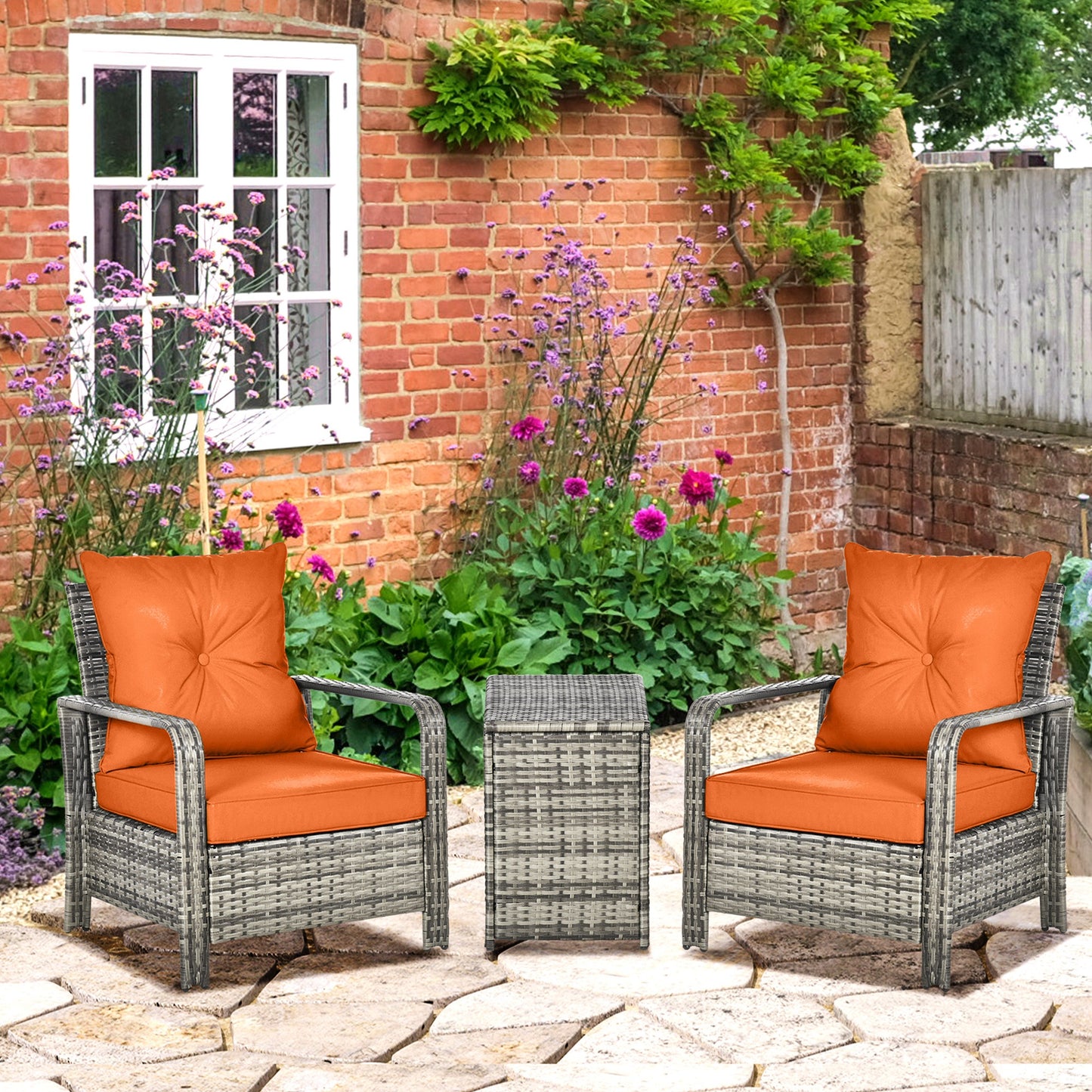 Verona 3 Piece Rattan Bistro Set, Wicker Garden Furniture Set with 72 L Storage Coffee Table and Chairs, Orange