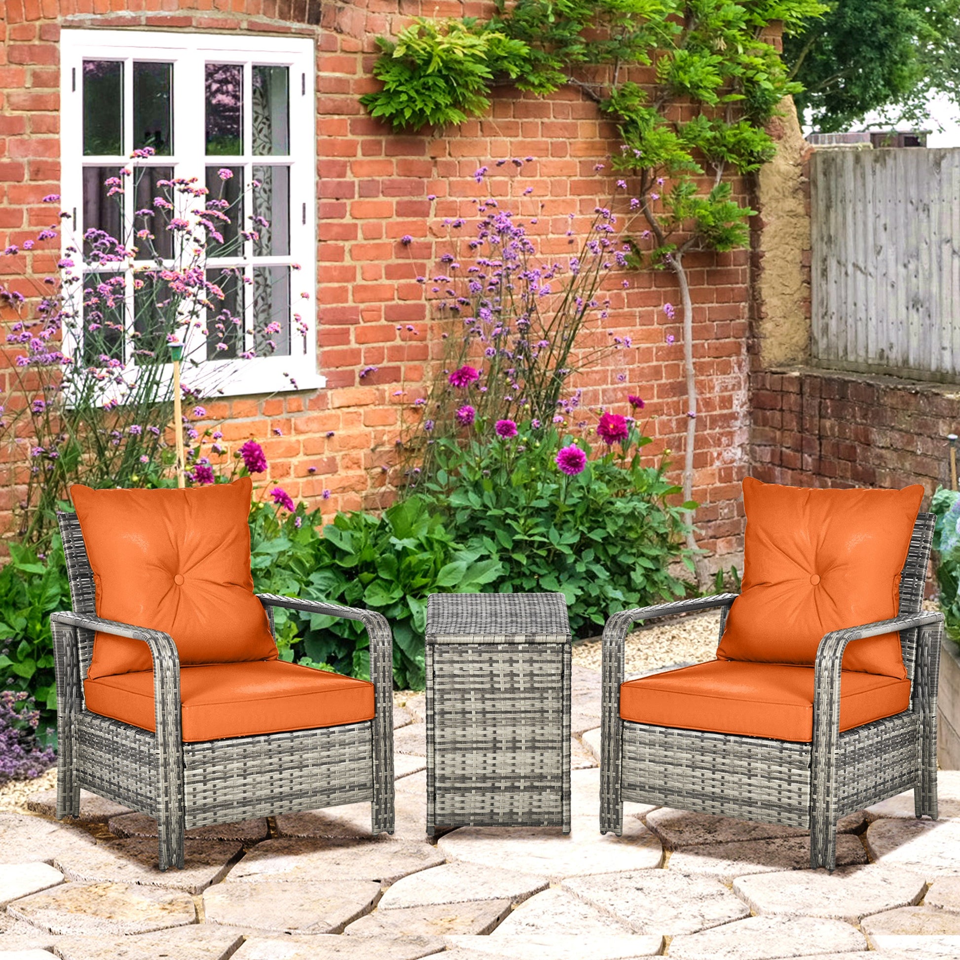 Verona 3 Piece Rattan Bistro Set, Wicker Garden Furniture Set with 72 L Storage Coffee Table and Chairs, Orange