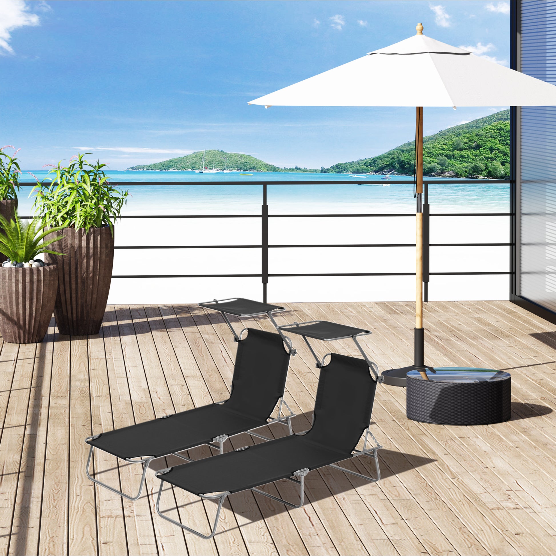 2 Pieces Outdoor Foldable Sun Lounger, 4 Level Adjustable Backrest Reclining Sun Lounger Chair with Angle Adjust Sun Shade Awning for Beach,