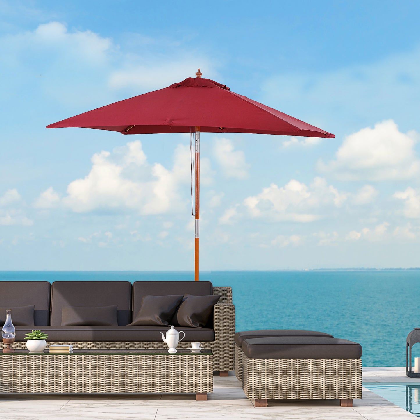 2m x 1.5m Garden Parasol Umbrella with Tilting Sunshade Canopy, Outdoor Market Table Umbrella with Wood and Bamboo Frame, Wine Red