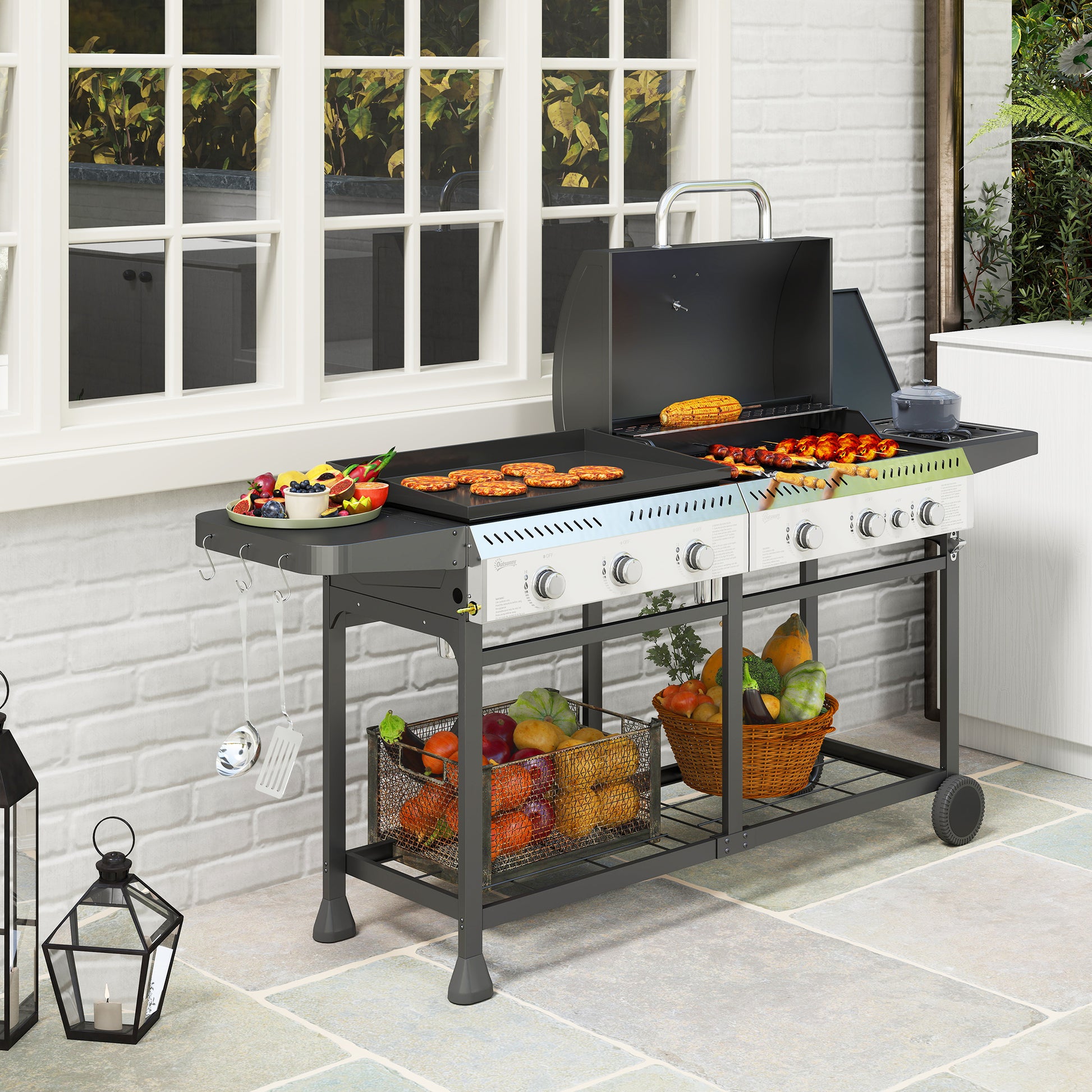 Outsunny 17kW Deluxe Duo Gas BBQ, with Grill, Plancha and Side Burner - Black