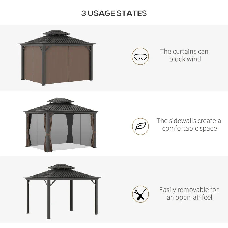 3.65m x 3m Aluminium Hardtop Gazebo - Brown Double Roof Patio Shelter with Privacy Curtains