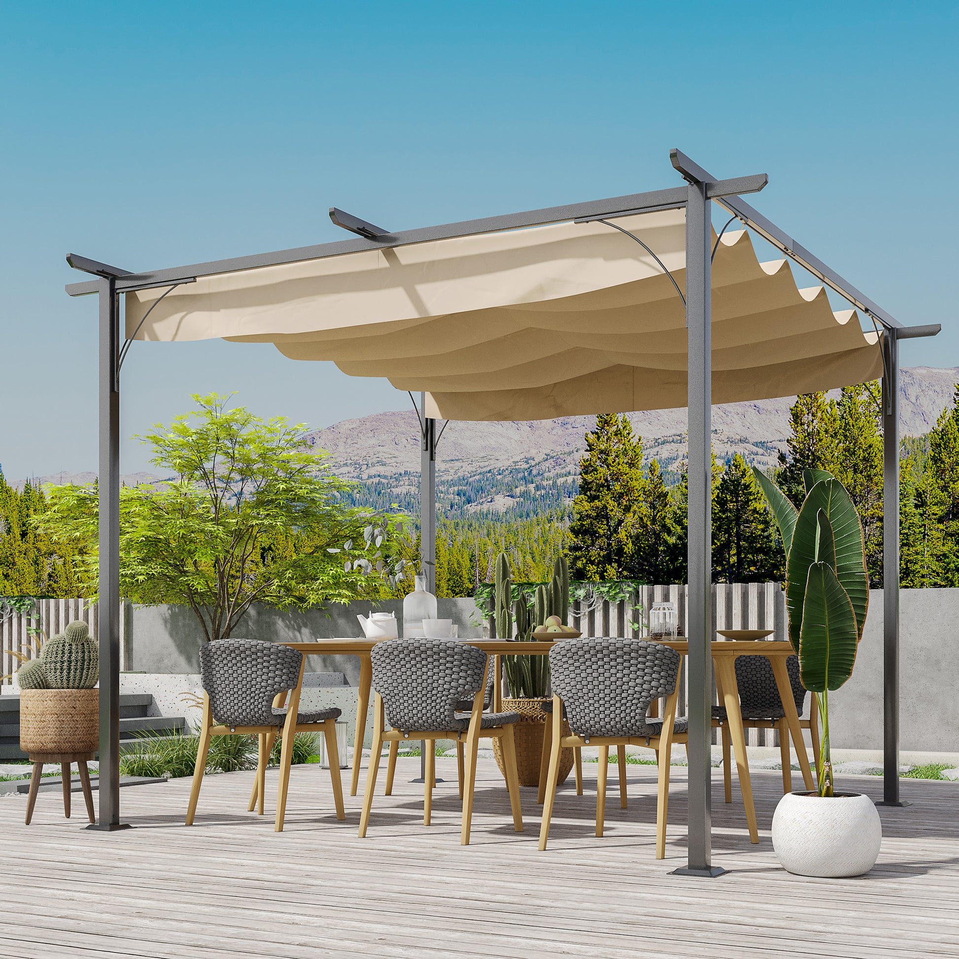 Outsunny 3 x 3(m) Metal Pergola with Retractable Roof, Garden Gazebo Metal Pergola Canopy for Party BBQ, Beige