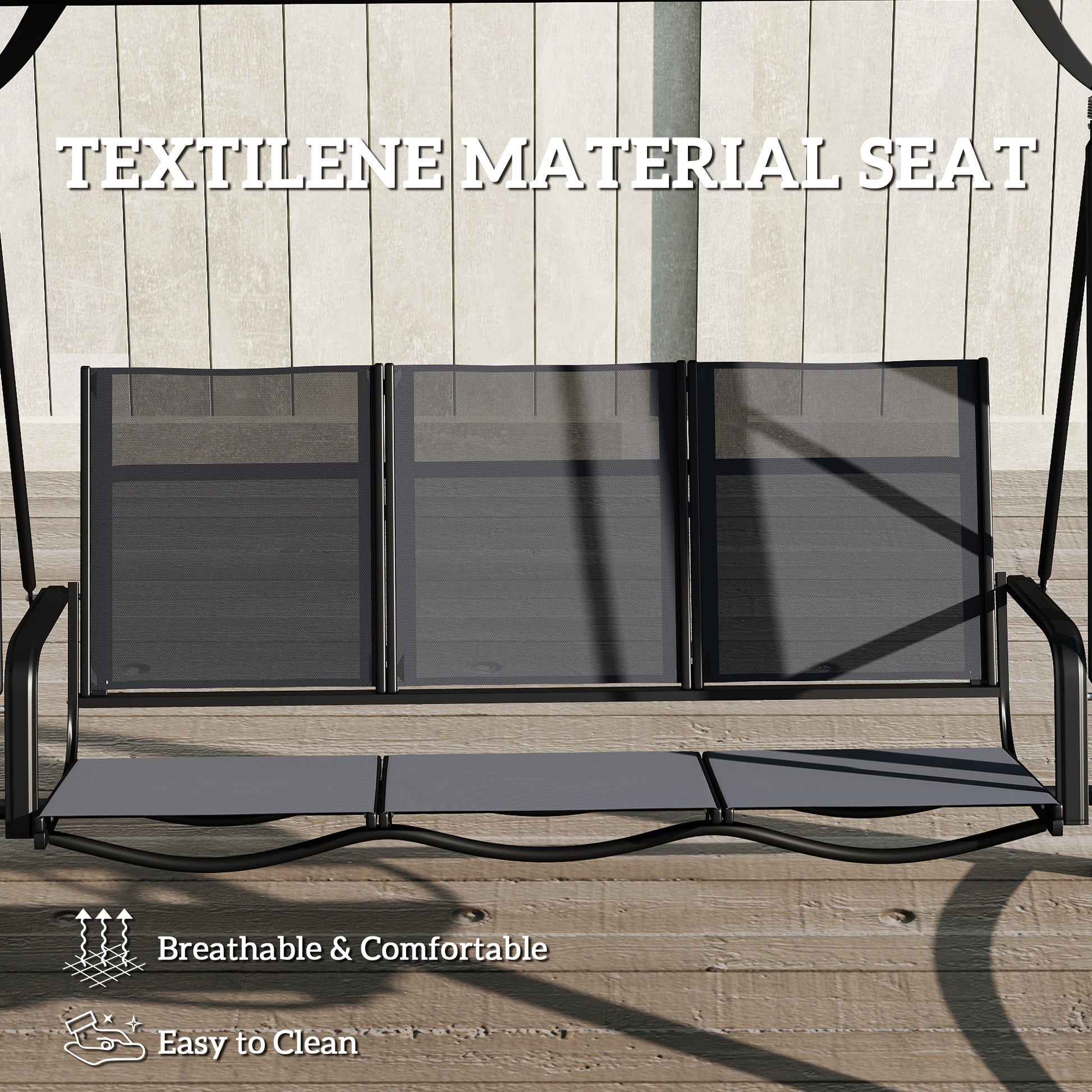Outsunny 3 Seater Swing Chair, Garden Swing Bench with Adjustable Tilting Canopy, Breathable Mesh Seat 360 kg Capacity, Grey