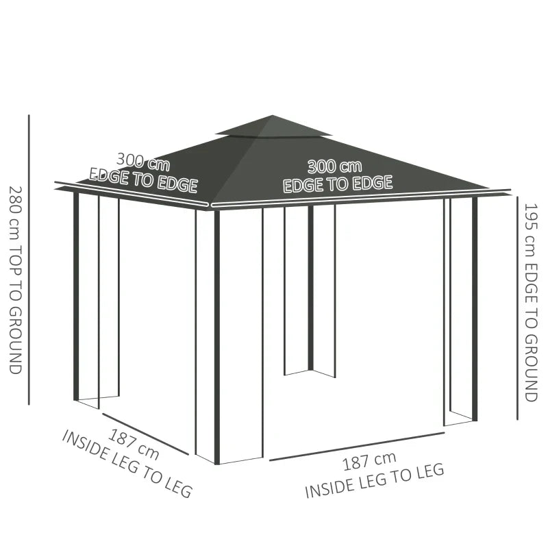 3m x 3m Grey Steel Frame Garden Gazebo – Double Tier Canopy Shelter with UV Protection, Mesh Curtains & Outdoor Party Pavilion