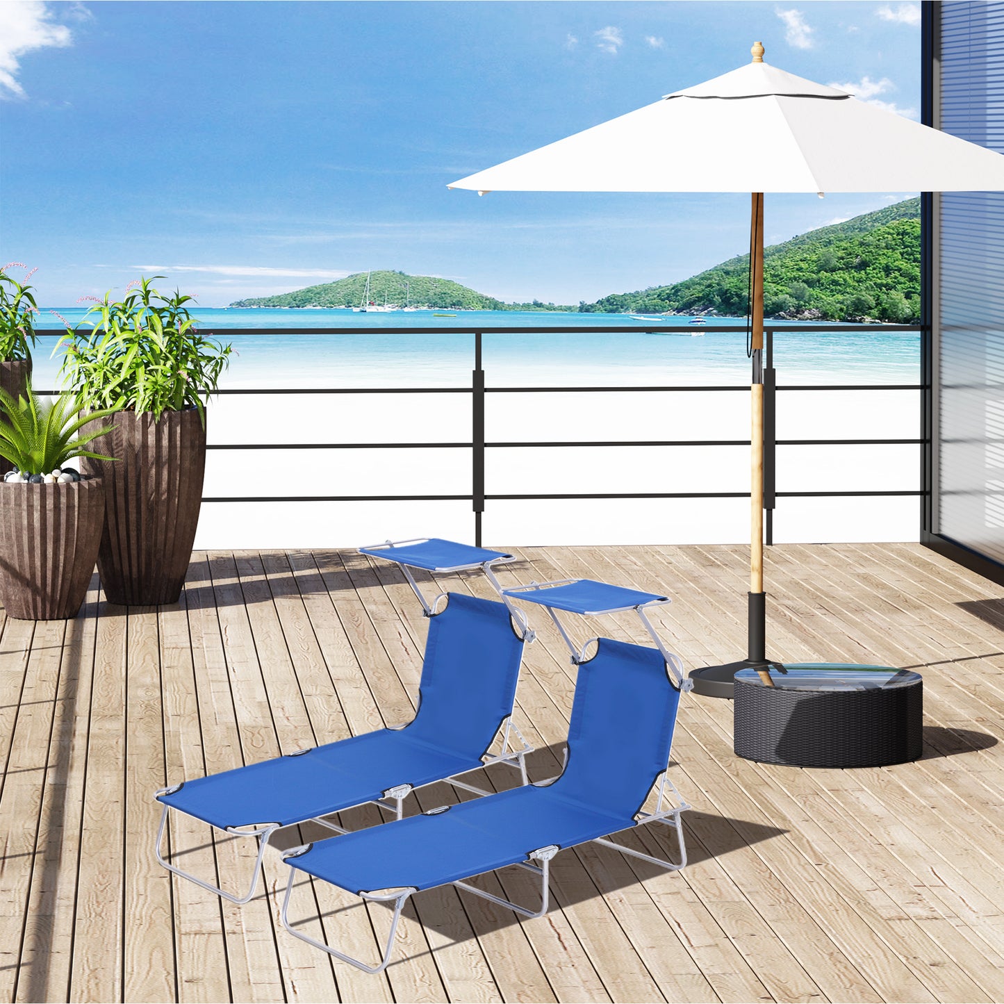 2 Pieces Outdoor Foldable Sun Lounger, 4 Level Adjustable Backrest Reclining Sun Lounger Chair with Angle Adjust Sun Shade Awning for Beach,