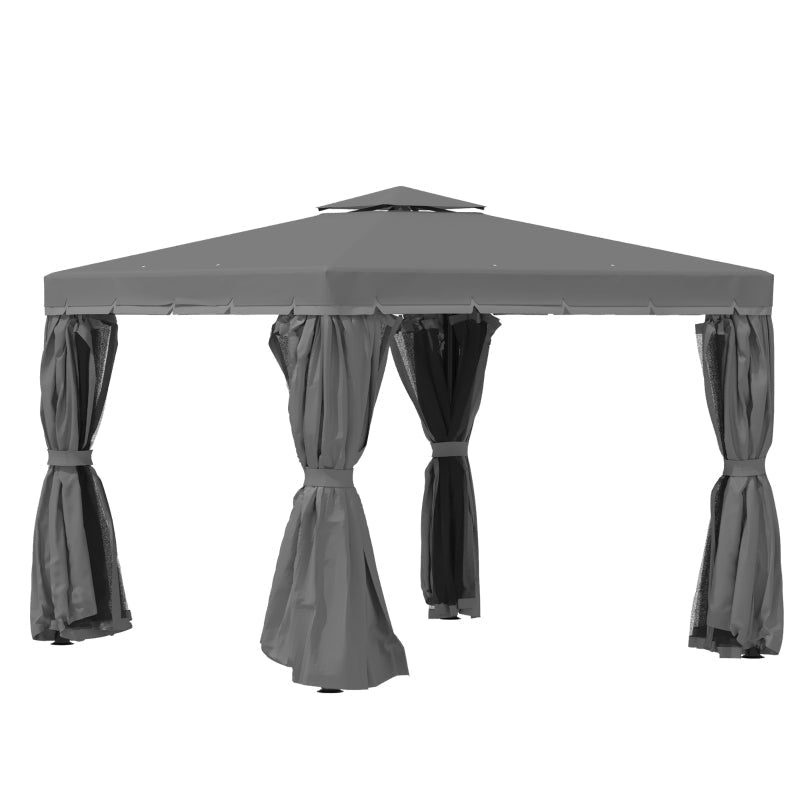 Grey 3x3m Garden Gazebo Pavilion with Aluminium Frame, Double – Tier Canopy, Curtains & Removable Insect Netting