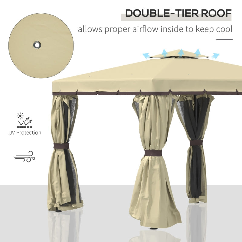 3m x 3m Beige Double – Tier Water – Resistant Garden Gazebo with Mesh Curtains, Metal Frame & Ground Fixing Kit