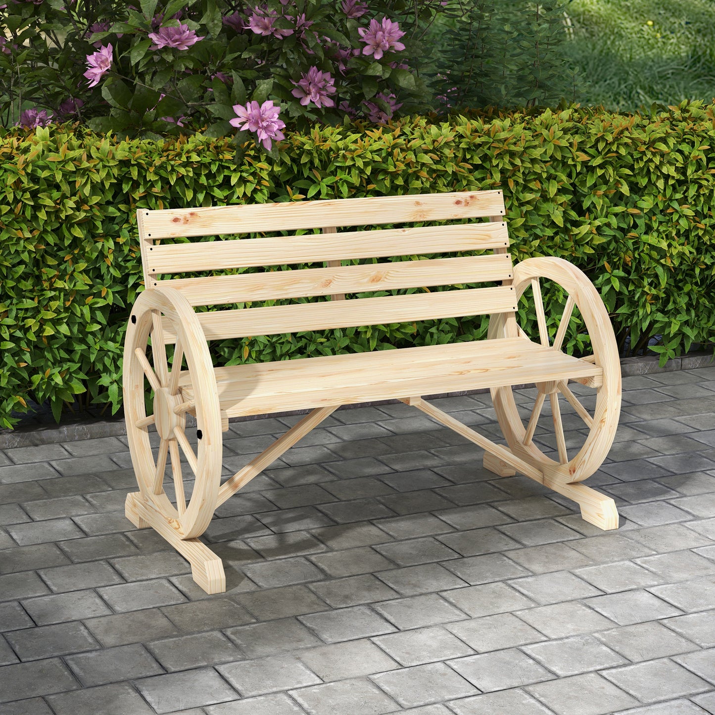 Amalfi Wagon Wheel Chair Bench Armrest Rustic Loveseat Wood Garden, Natural
