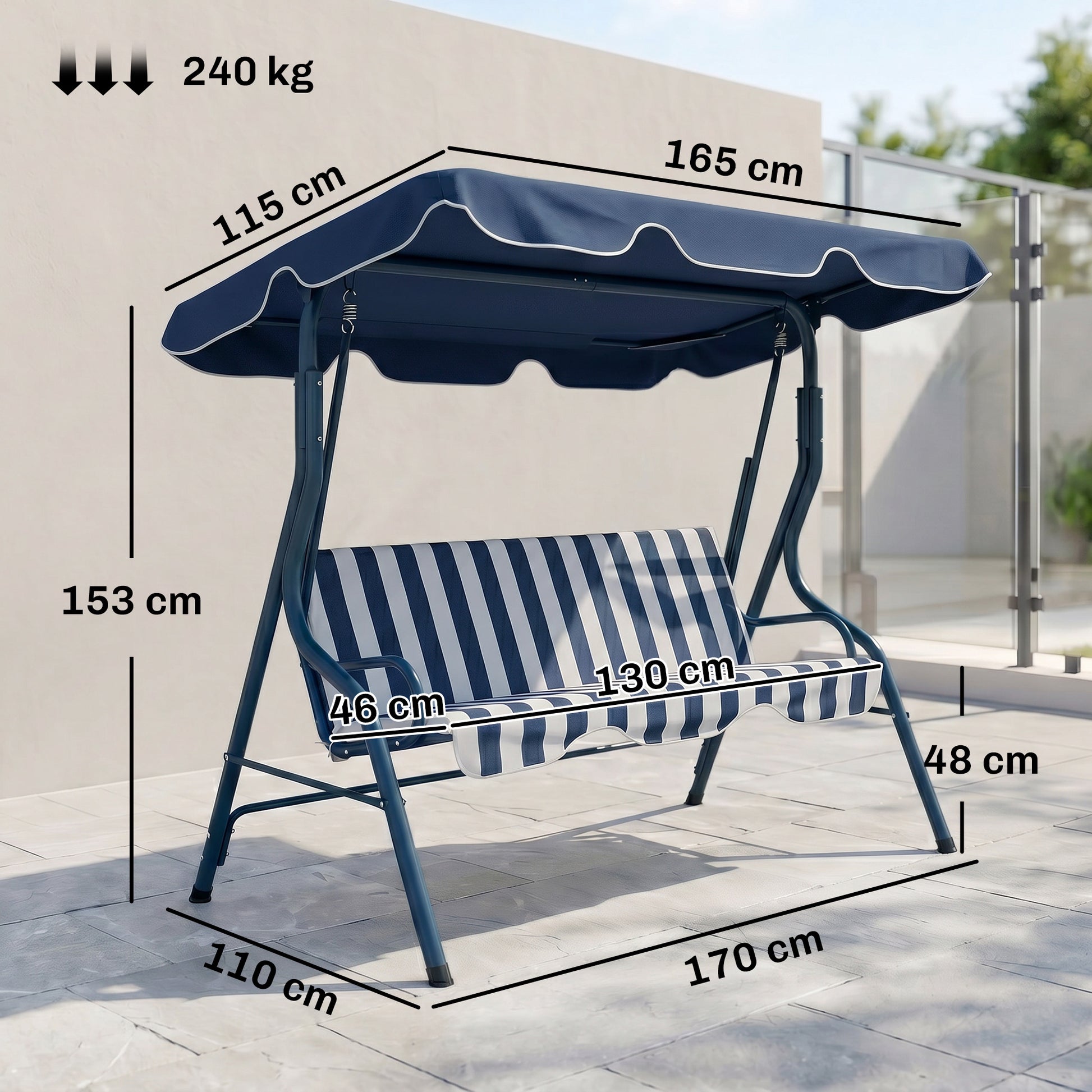 Outsunny 3 Seater Garden Swing Seat Chair Outdoor Bench with Adjustable Canopy and Metal Frame, Blue Stripes