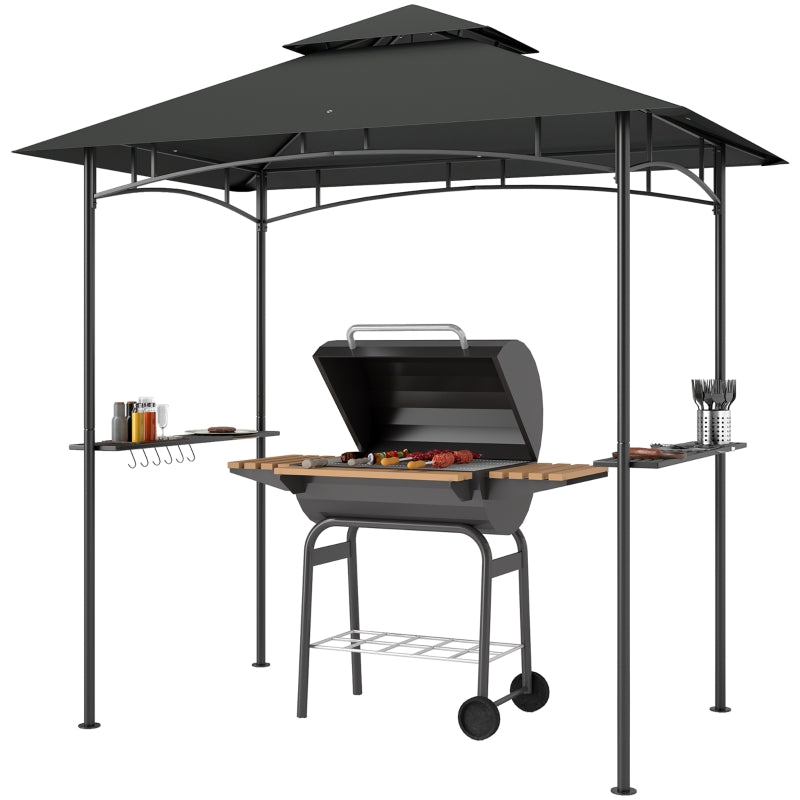 8ft x 5ft Dark Grey BBQ Gazebo Shelter with Double Vent Roof, LED Lighting, Side Shelves & Outdoor Grill Canopy
