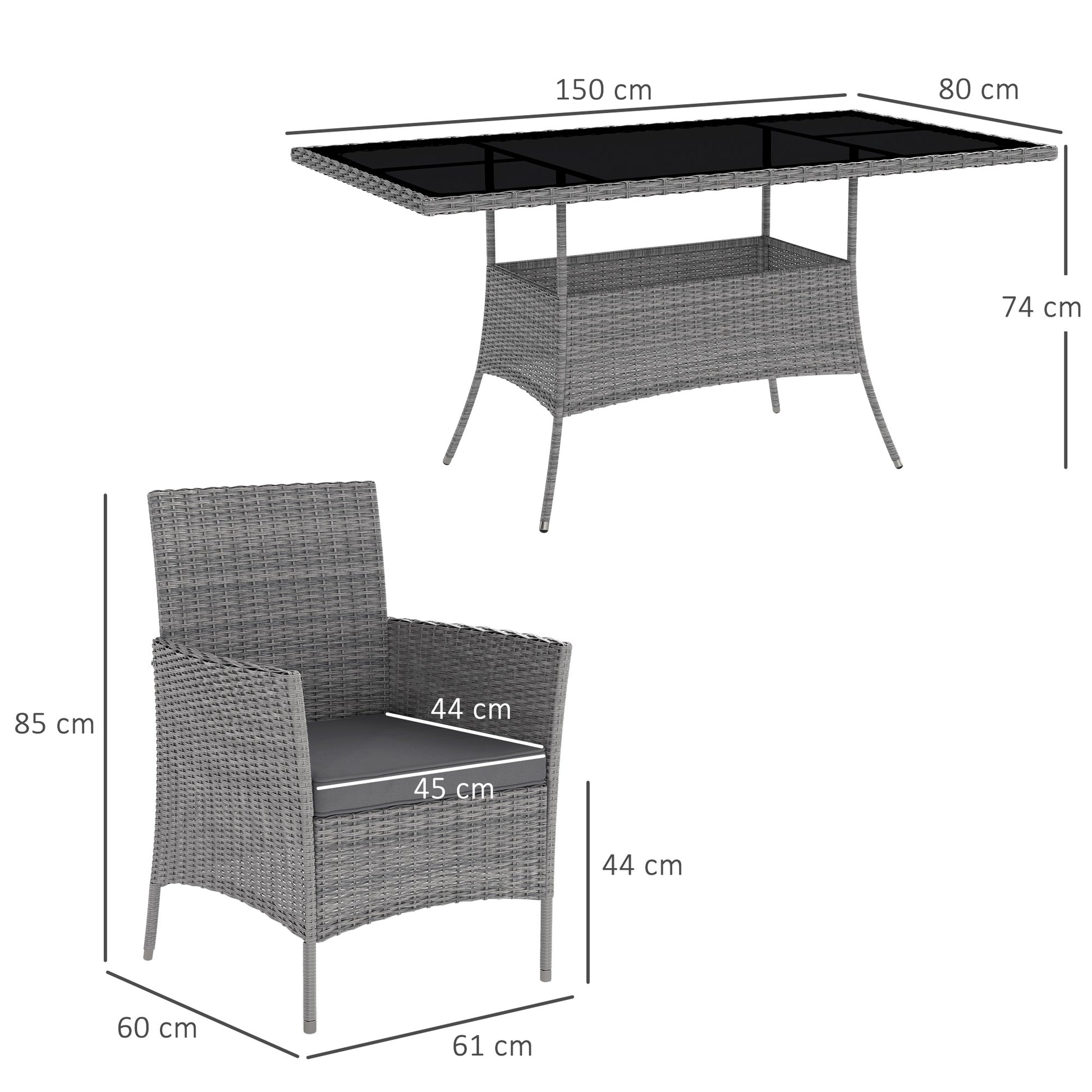 Outsunny 7-Piece Rattan Garden Furniture Set with Cushions, 6 Seater Garden Table and Chairs, Rattan Dining Set with 6 Armchairs, Rectangular Glass Top Table, Charcoal Grey