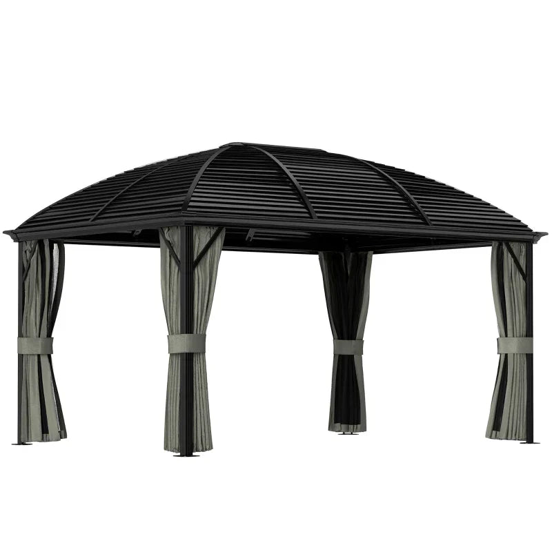 3m x 4m Dark Grey Hardtop Garden Gazebo Pavilion – Aluminium Frame with Steel Roof, Privacy Curtains & Insect Mesh Canopy Shelter