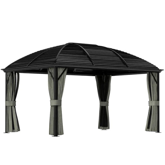 3m x 4m Dark Grey Hardtop Garden Gazebo Pavilion – Aluminium Frame with Steel Roof, Privacy Curtains & Insect Mesh Canopy Shelter