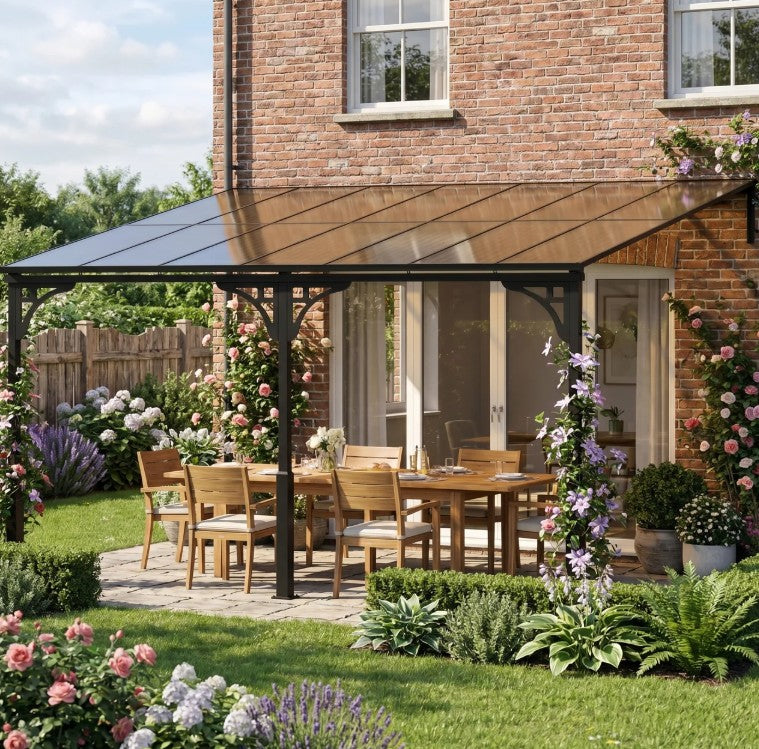 4m x 3m Wall – Mounted Lean – To Metal Pergola with Polycarbonate Hardtop Roof – Heavy Duty Aluminium Garden Gazebo, Weatherproof Patio & BBQ Shelt...