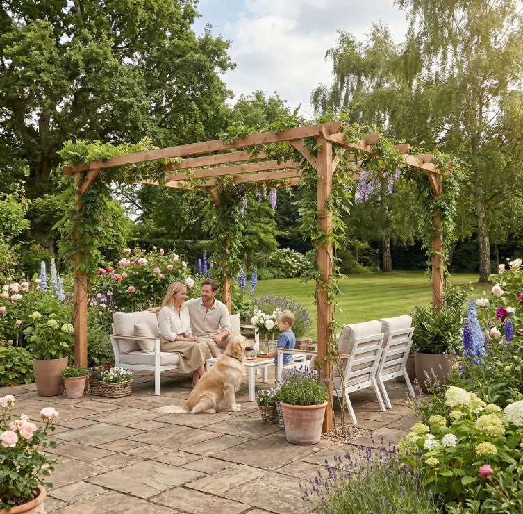 3x3m Wooden Pergola Kit with Triangle Supports – Garden Gazebo Grape Trellis Frame, 5 – Beam Maple Wood – Effect Design