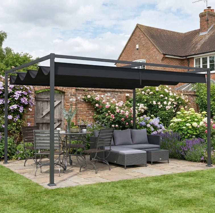 4m x 3m Metal Pergola – Black Retractable Canopy Roof, Outdoor Patio Garden Shade