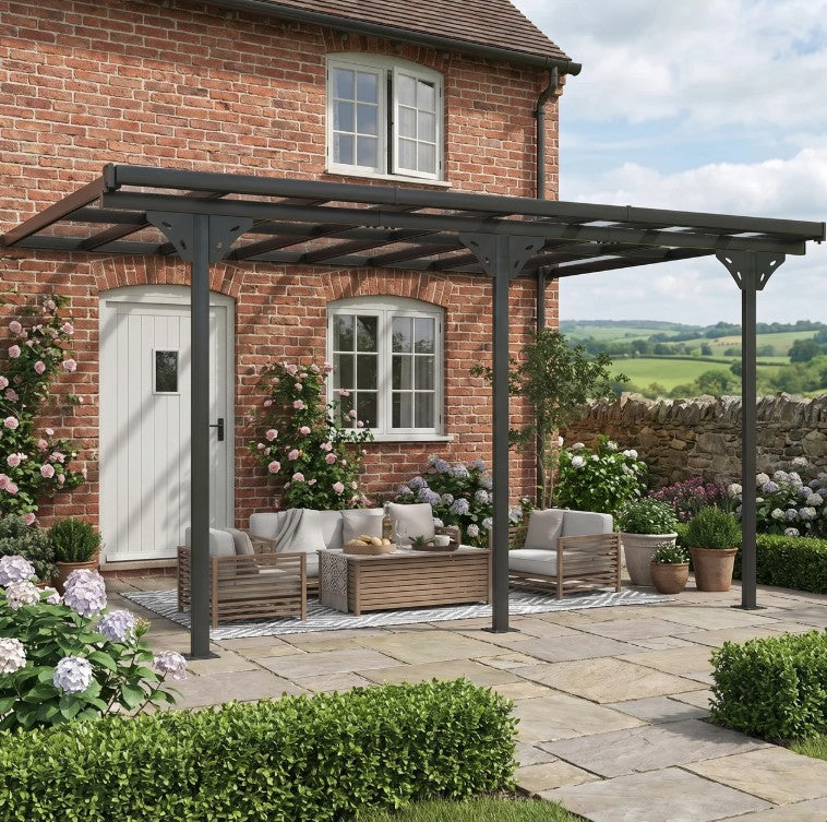 4.35m x 3m Wall Mounted Pergola – Aluminium Frame & Polycarbonate Roof – Grey Patio Cover