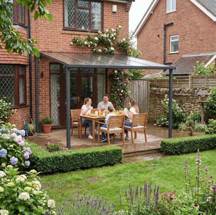 3.6m x 3m Lean – To Metal Pergola with Polycarbonate Hardtop Roof & Drainage Gutters – Aluminium Wall – Mounted Gazebo Patio Cover, Modern Outdoor...