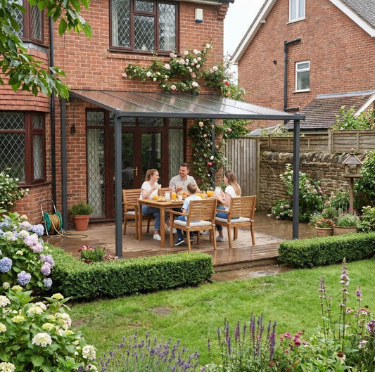 3.6m x 3m Lean – To Metal Pergola with Polycarbonate Hardtop Roof & Drainage Gutters – Aluminium Wall – Mounted Gazebo Patio Cover, Modern Outdoor...