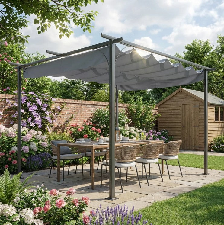 3.5m x 3.5m Grey Metal Pergola with Retractable Canopy – Outdoor Garden Sun Shade Shelter