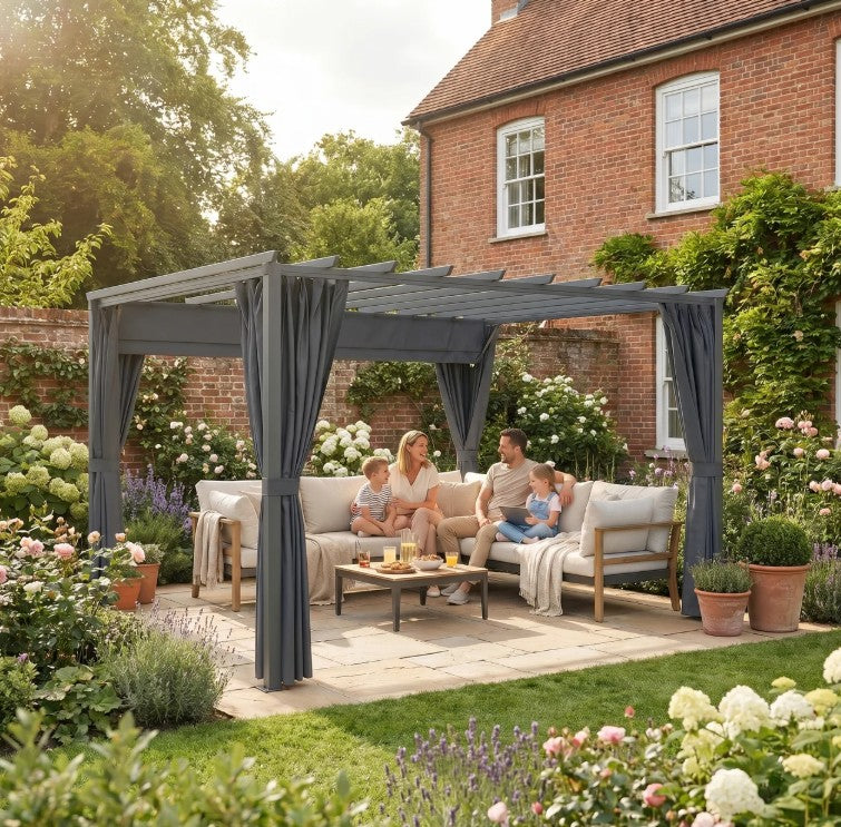 3.6x3m Aluminium Garden Pergola with Retractable Roof Canopy & Curtains – Modern Outdoor Sun Shade Shelter, Weather – Resistant Patio Cover, Dark Grey
