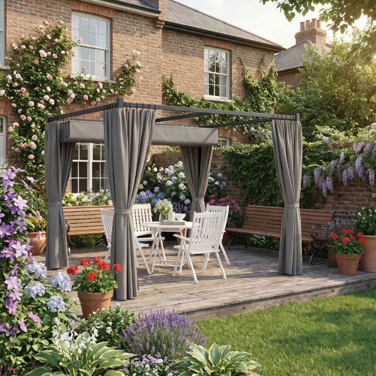 Light Grey 3m x 3m Retractable Roof Pergola Canopy – Outdoor Patio Shelter with Curtains, Metal Frame & Secure Fixing Kit