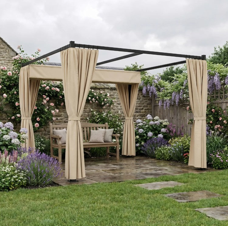 3m x 3m Retractable Metal Pergola Gazebo with Curtains – Outdoor Patio & Deck Shelter, Adjustable Canopy Shade for BBQ & Grill Area, Beige