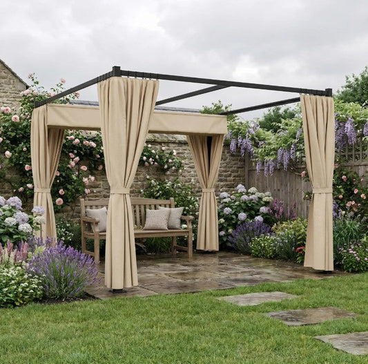 3m x 3m Retractable Metal Pergola Gazebo with Curtains – Outdoor Patio & Deck Shelter, Adjustable Canopy Shade for BBQ & Grill Area, Beige