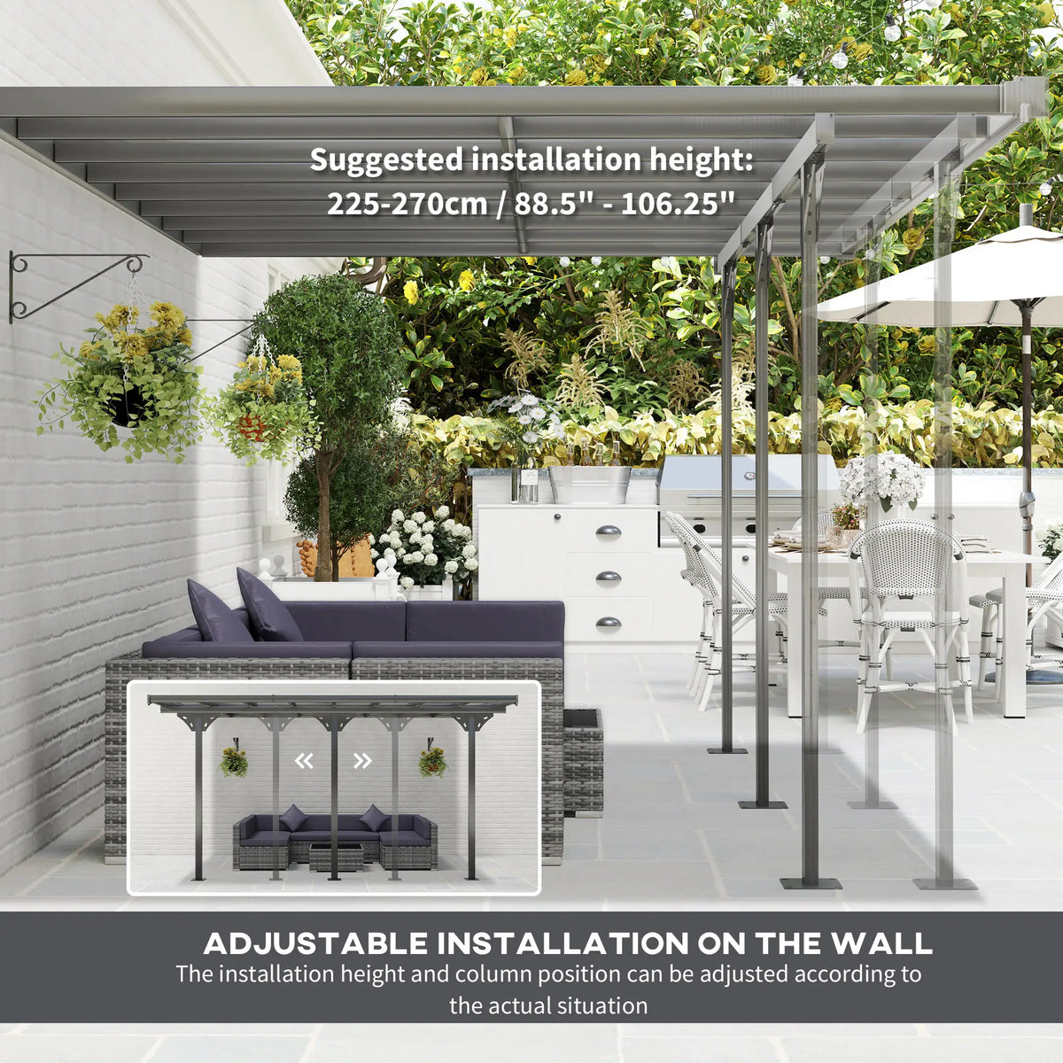 4.35m x 3m Wall Mounted Pergola – Aluminium Frame & Polycarbonate Roof – Grey Patio Cover