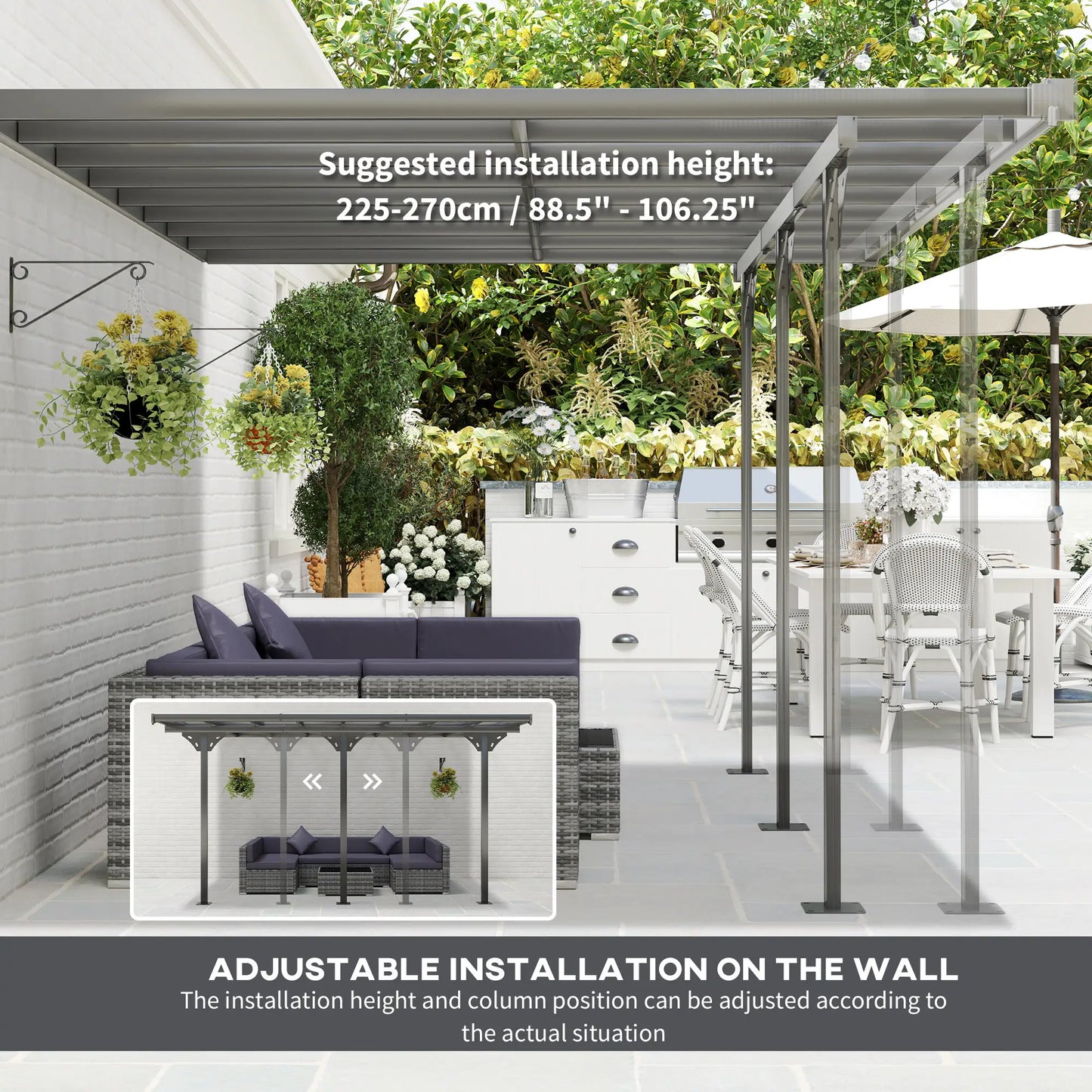 4.35m x 3m Wall Mounted Pergola – Aluminium Frame & Polycarbonate Roof – Grey Patio Cover