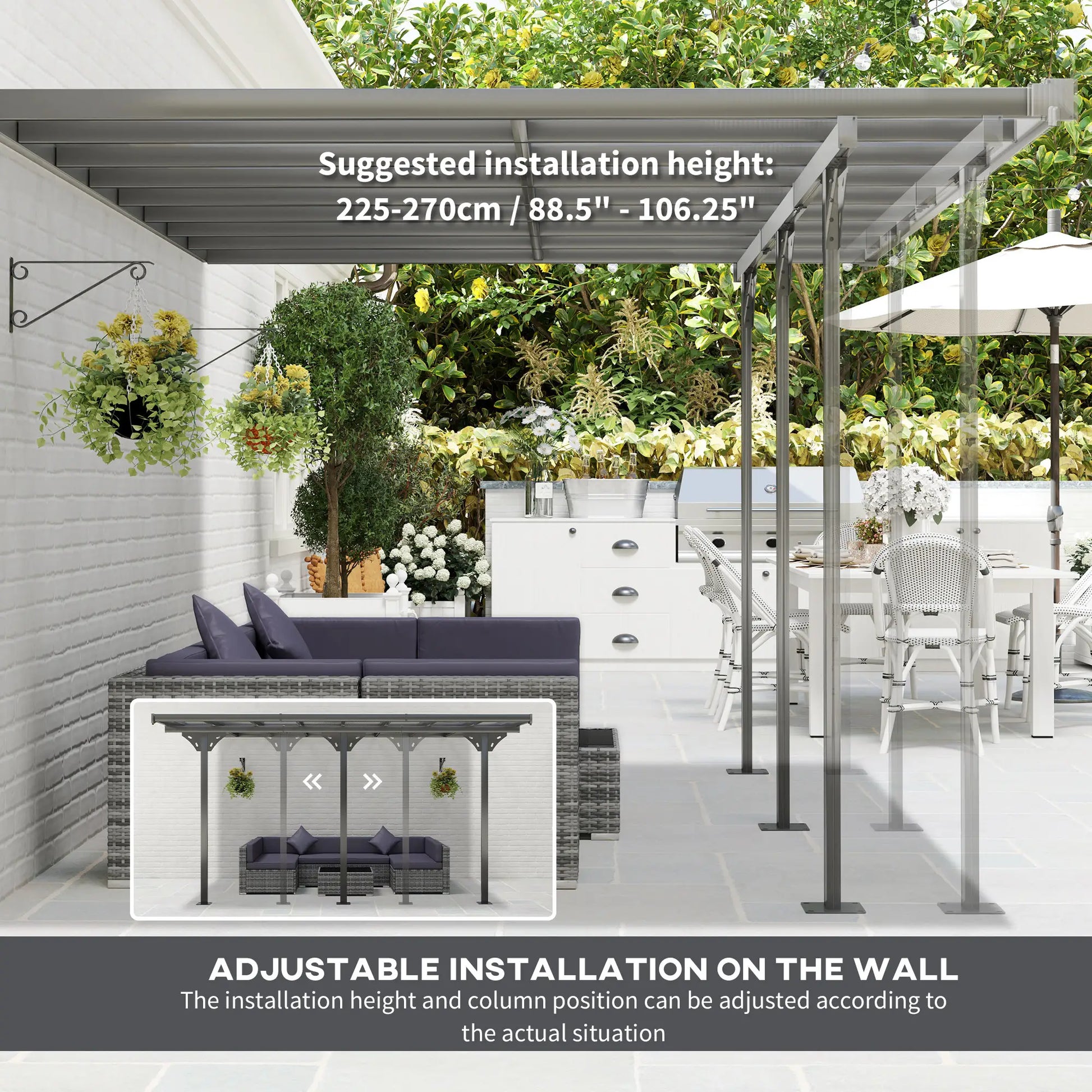 4.35m x 3m Wall Mounted Pergola – Aluminium Frame & Polycarbonate Roof – Grey Patio Cover