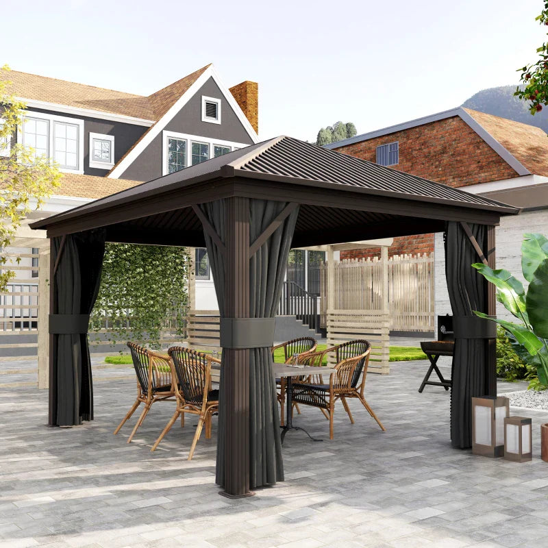 3.6m x 3m Dark Grey Hardtop Garden Gazebo with Aluminium Frame, Metal Roof, Privacy Curtains & Insect Mesh Panels