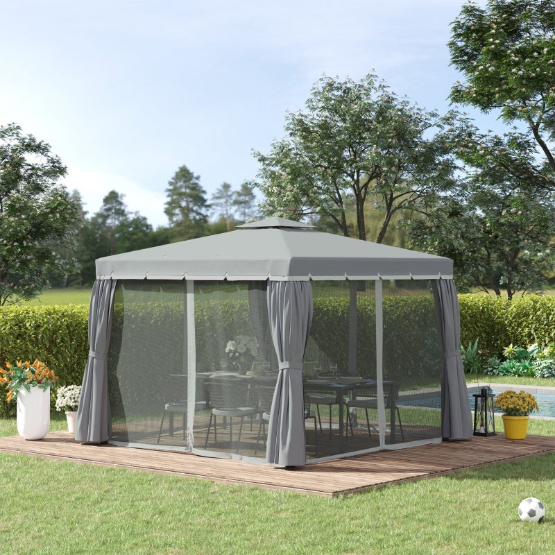 Grey 3x3m Garden Gazebo Pavilion with Aluminium Frame, Double – Tier Canopy, Curtains & Removable Insect Netting