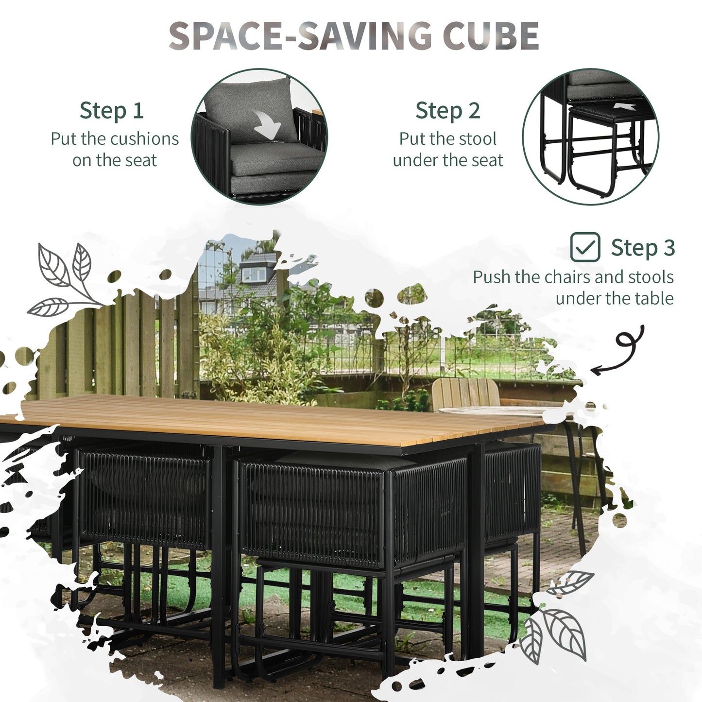 Outsunny 10 Seater Rattan Cube Garden Furniture Set with Wood Grain Plastic Top Table, Black